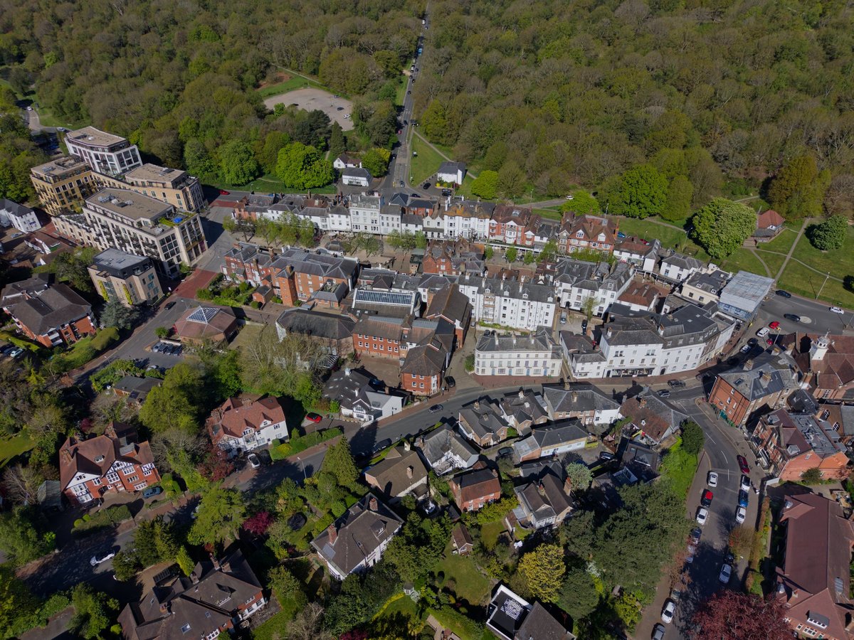 Aerial view of the historic Pantiles and clay-tiled roofs in Tunbridge Wells, Kent