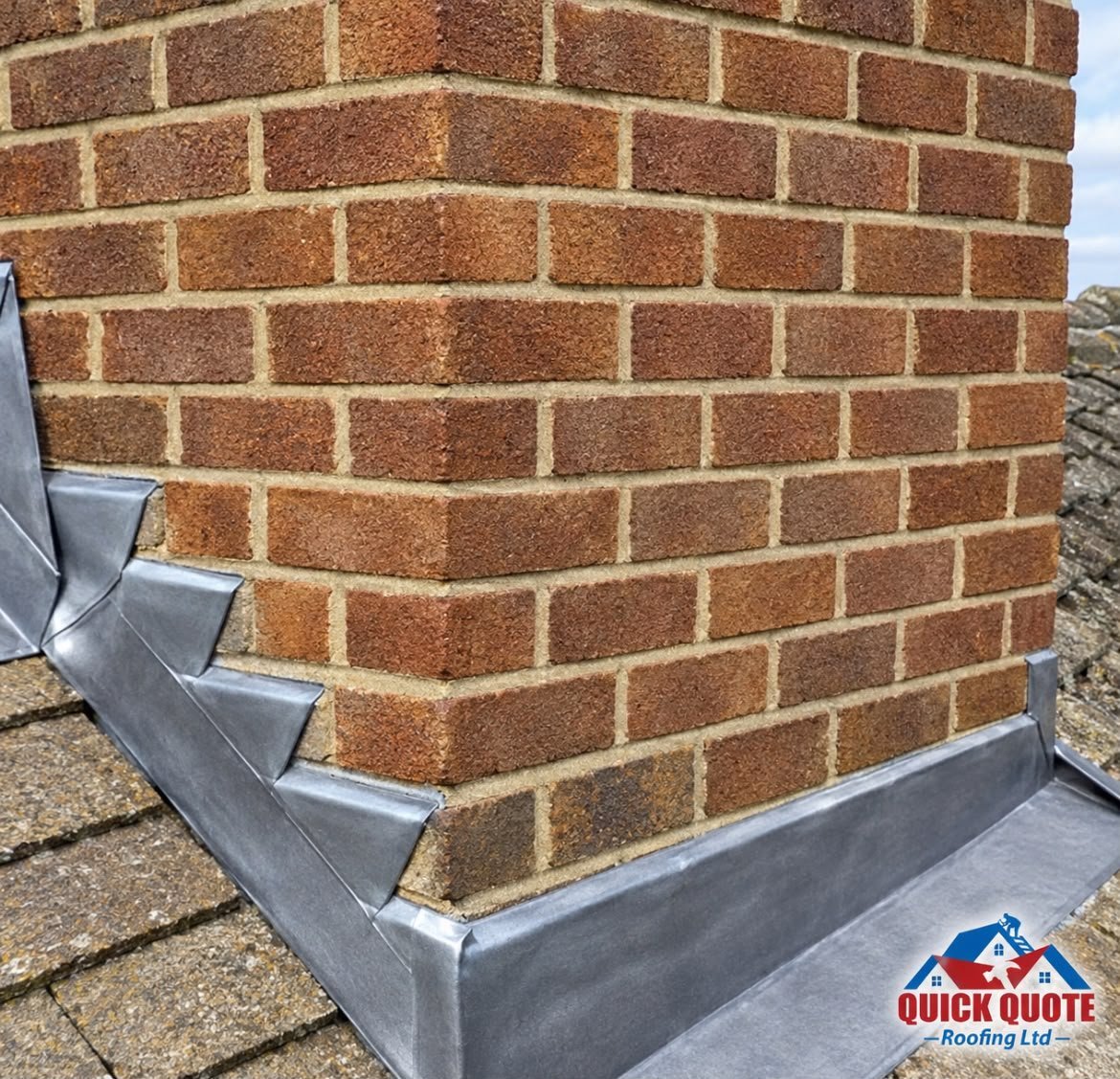 Brick chimney corner with new metal lead flashing finished by Quick Quote Roofing Ltd